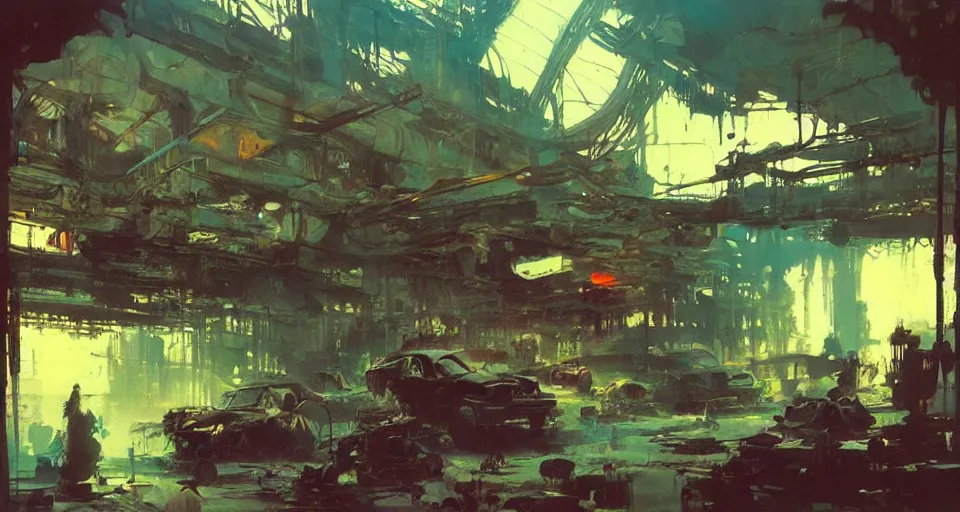 Image similar to junkyard interior, intricate, elegant, highly detailed, vivid colors, john harris, frazetta, tyrus wong, ruan jia, jeffrey catherine jones