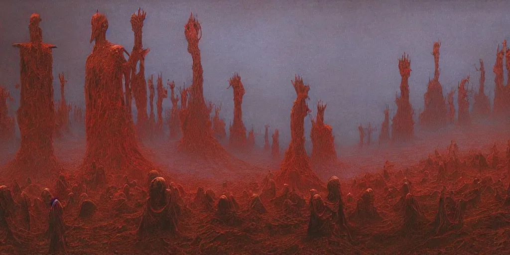 Image similar to an ultra detailed hellscape with ominous robed figures, art by beksinski