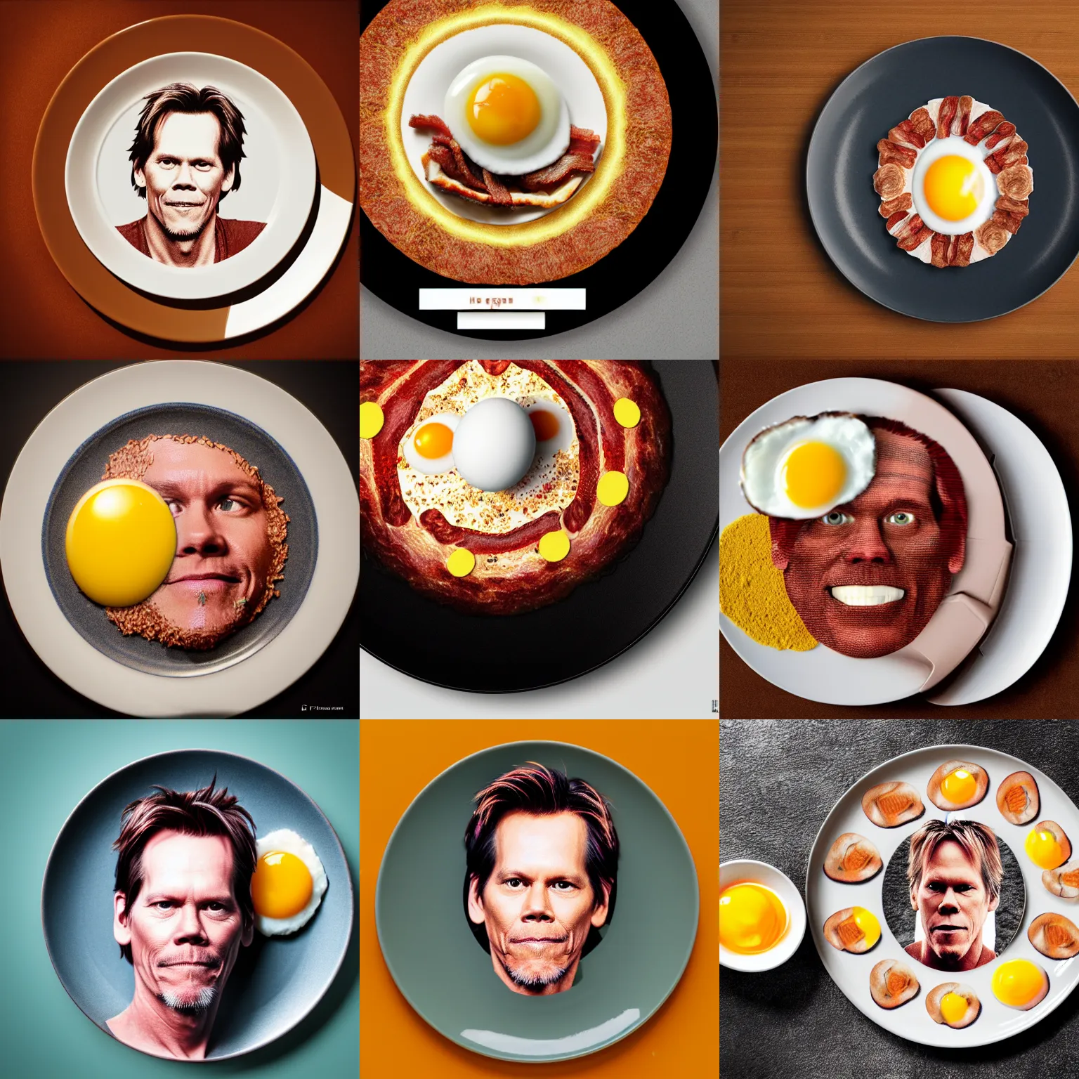 Prompt: a photo of kevin bacon made of bacon and eggs on a plate, rendered in octane