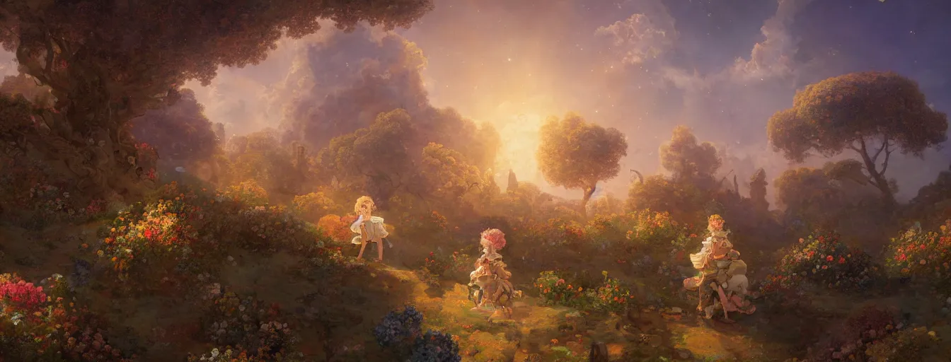 Prompt: a beautiful landscape painting of steampunk landscape, a junk nebula in the sky, galaxies visible, giant trees and colourful flowers, a tiny girl looking on with her talking cat, by jean - honore fragonard and don bluth and makoto shinkai, light rays, trending on artstation, octane render