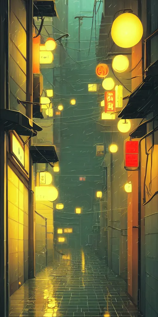 Image similar to tokyo alleyway, rainy day, lights, by cory loftis, makoto shinkai, hasui kawase, james gilleard, beautiful, serene, peaceful, lonely, golden curve composition