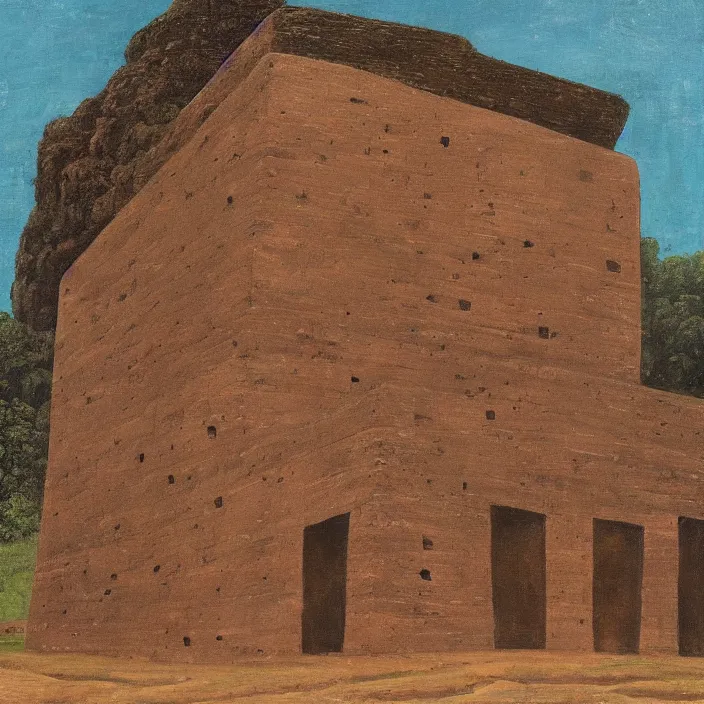 Prompt: a building in a serene landscape, ancient mesoamerican painting