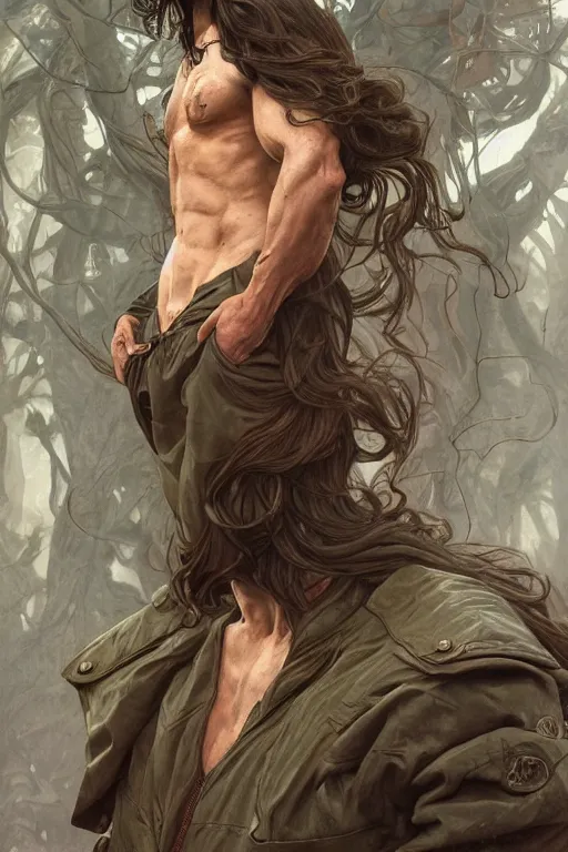 Image similar to portrait of a herculian man in a bomber - jacket, flowing hair, forest, full body, muscular, fantasy, intricate, elegant, highly detailed, digital painting, artstation, concept art, sharp focus, illustration, art by artgerm and greg rutkowski and alphonse mucha