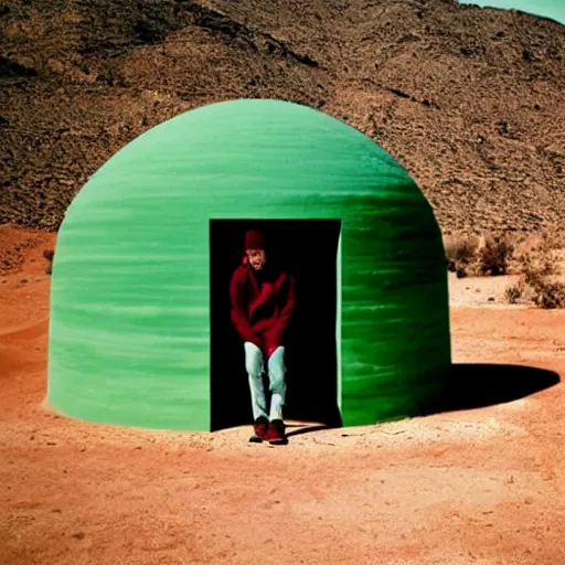 Image similar to a man wearing a green hoodie sitting outside a Non-Euclidean orb-like clay house sitting in the desert, vintage photo, beautiful cinematography, blue sky, film grain, wide angle, far away, James Turrell