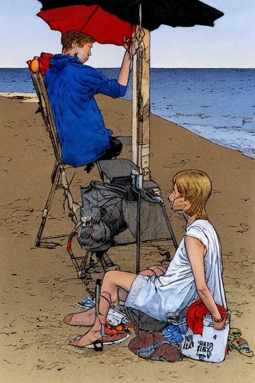 Prompt: teenager boy talking to mother at the beach, by milo manara, enki bilal, paolo serpieri,