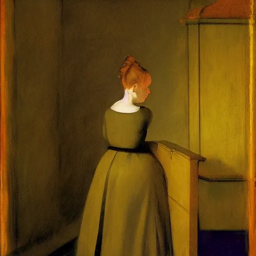 Image similar to a girl in a gold haunted liminal room, digital painting by goya and balthus, colors by pontormo, lights by hopper, extreme detail, liminal aesthetic, background art nouveau