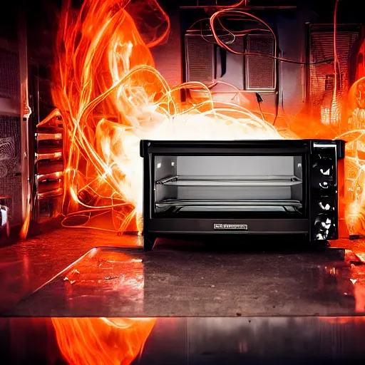 Image similar to toaster oven suspended by lots of metallic cables, symmetry, dark messy smoke - filled cluttered workshop, dark, dramatic lighting, orange tint, sparks, cinematic, highly detailed, sci - fi, futuristic, movie still