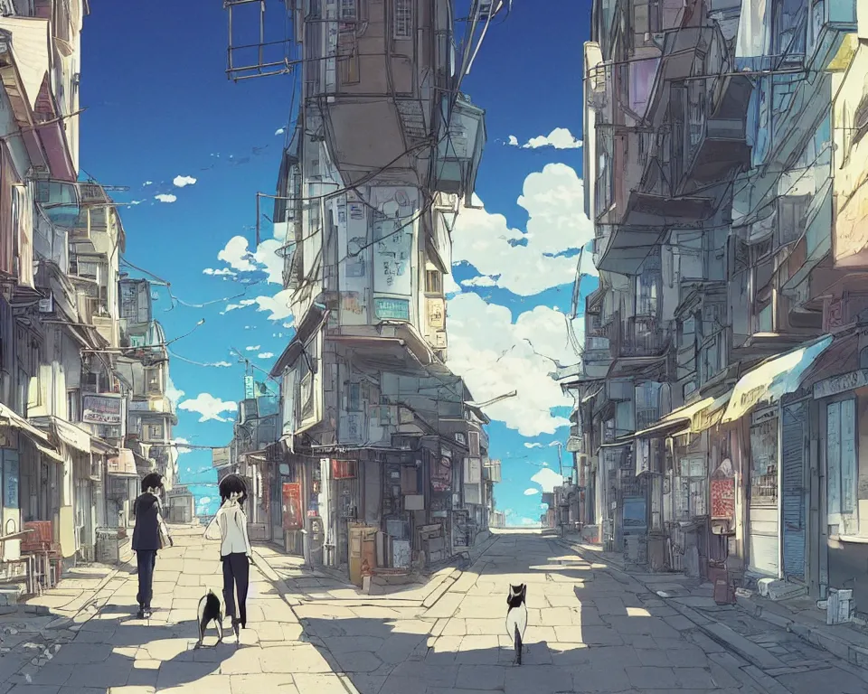 Image similar to beautiful illustration from behind a cat walking down the street in a city on a fine summers day, anime manga style, aesthetic, scene from the movie'your name ', makoto shinkai