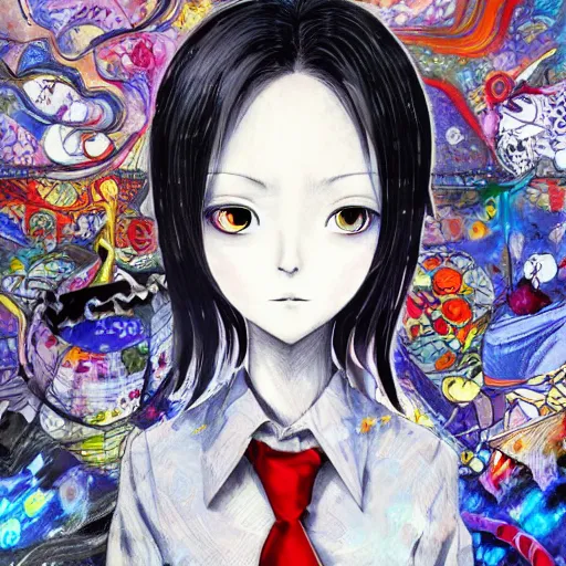 Image similar to yoshitaka amano realistic illustration of an anime girl with black eyes and short white hair wearing dress suit with tie and surrounded abstract junji ito style patterns in the background, blurry and dreamy illustration, noisy film grain effect, highly detailed, oil painting with expressive brush strokes, weird portrait angle