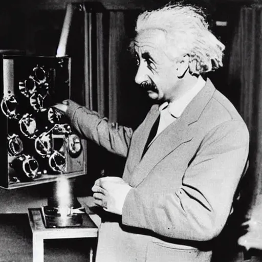 Image similar to Albert Einstein inspecting the first atomic bomb prior to detonation. 1940's photograph