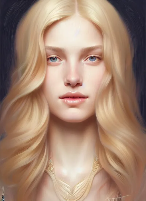 Image similar to beautiful feminine face! portrait of young woman blessed by god with ever - increasing physical mental perfection, blonde hair, symmetrical! intricate, elegant, highly detailed, holy perfection!! smile, plush lips, digital painting, artstation, concept art, smooth, sharp focus, illustration, art by artgerm and greg rutkowski and alphonse mucha