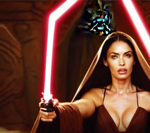 Prompt: beautiful Still of Megan Fox on the Jedi Council, Star Wars, Cinematic Lighting, beautiful composition, 8K resolution