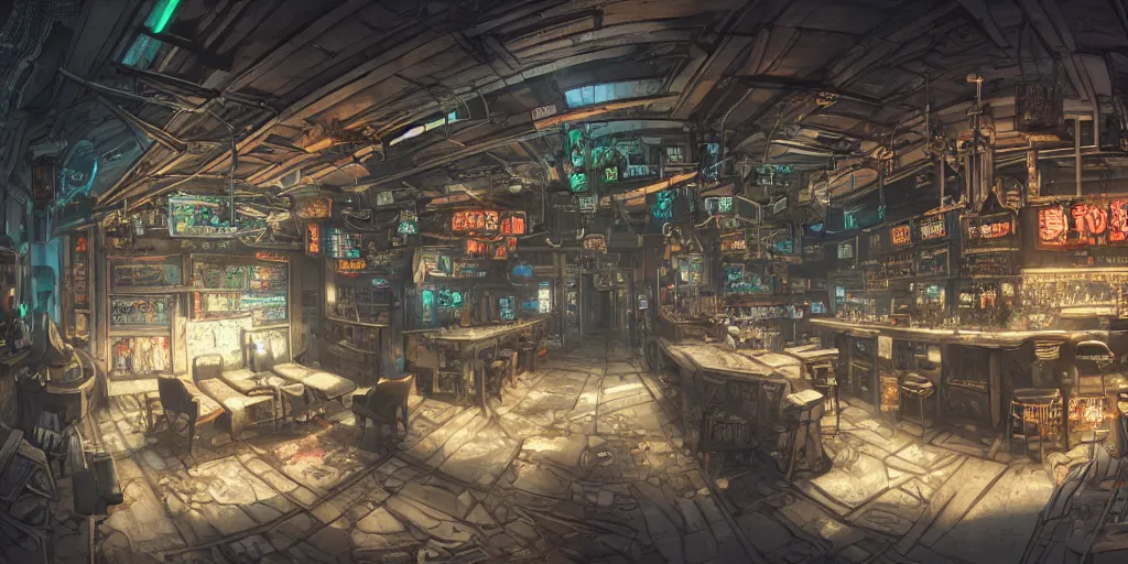 Image similar to Very Highly detailed realistic Digital concept interior design in style of Hiromasa Ogura and Josan Gonzalez of cyberpunk tavern with stone walls and neon lights, a lot of electronics, many details. Natural white sunlight from the transperient roof. Panorama on 360 degrees Rendered in VRAY and DaVinci Resolve and MAXWELL and LUMION 3D, Volumetric natural light