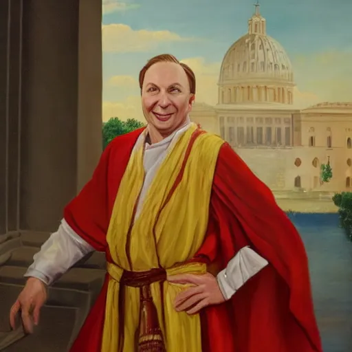 Image similar to a portrait of L Ron Hubbard as a roman senator in the senate, wearing a flowing toga, dignified, historical, oil on canvas