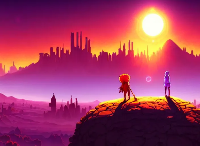 Image similar to cel shading, science fiction pc game point - and - click adventure, a whispered world by daedelic, desert with city in the skyline, two suns, purple orange colors, sharp focus, illustration, highly detailed, digital painting, concept art, matte, art by wlop and artgerm and greg rutkowski, masterpiece