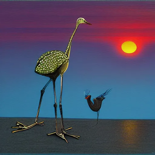 Image similar to a hybrid of a crane and a frog on the background of a blue sunset