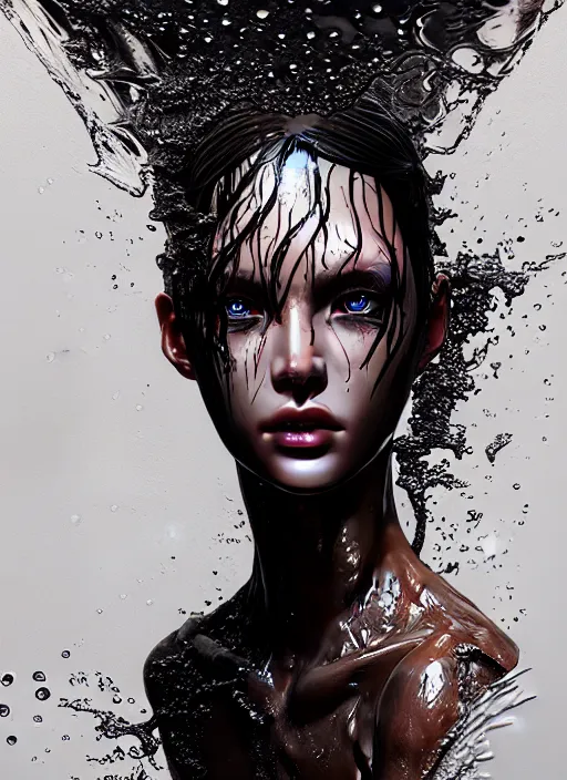 Prompt: fierce wet fashion model, splash, sweat skin, liquid metal, black roses, poster art, high detail, intricate oil painting, deep mood, hyperrealism, 3 d, by tooth wu and wlop and beeple and greg rutkowski, full body