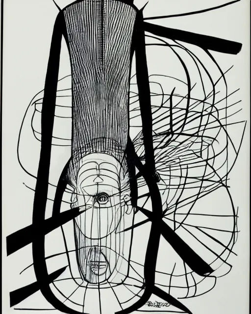 Image similar to portrait of a demon. Line drawing by Oskar Schlemmer. Pen and ink by Dali.