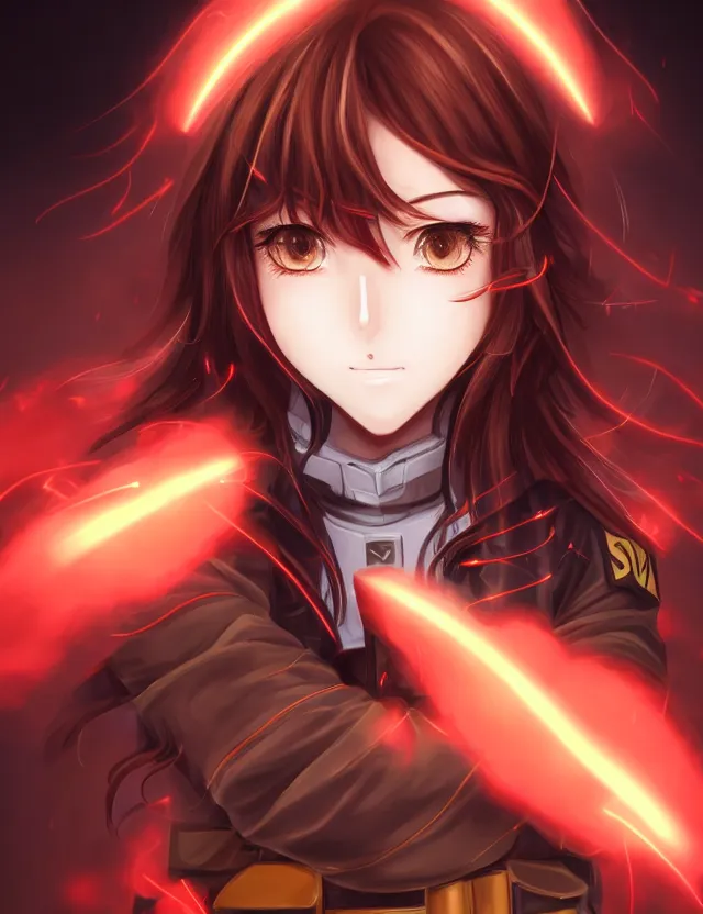 Image similar to a detailed manga portrait of a beautiful brown haired woman in a military uniform glowing with swirling red energy, trending on artstation, digital art, 4 k resolution, detailed, high quality, sharp focus, hq artwork, coherent, insane detail, character portrait