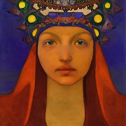 Image similar to the eyeball crown, by Annie Swynnerton and Nicholas Roerich and Diego Rivera, bioluminescent skin, elaborate costume, geometric ornament, symbolist, rich color, dramatic cinematic lighting, smooth, sharp focus, extremely detailed