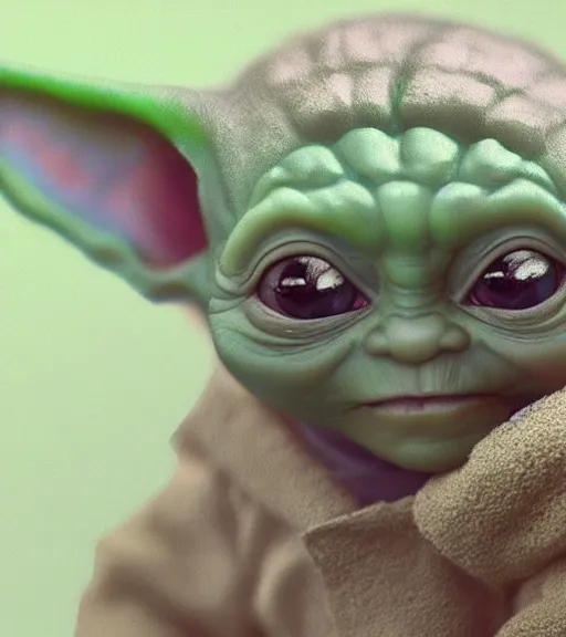 Image similar to a closeup portrait of Baby Yoda by Craig Mullins; extraordinary-masterpiece; realistic-lighting; anatomically-correct; 90mm; f/1.4