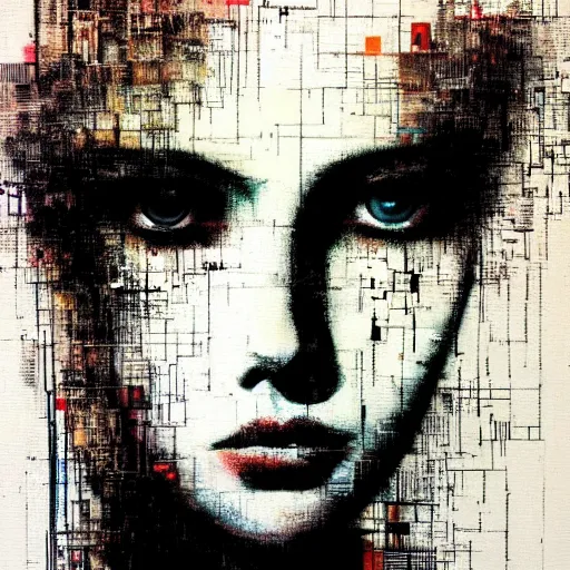 Prompt: portrait of a youthful beautiful women, mysterious, glitch effects over the eyes, fading, by Guy Denning, by Johannes Itten, by Russ Mills, centered, glitch art, symmetrical eyes, hacking effects, chromatic, cyberpunk, color blocking, oil on canvas, intricate detail, concept art, abstract