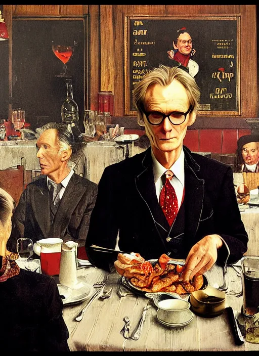 Image similar to full body and head portrait of bill nighy as victor from underworld in a restaurant eating a chop, painted by norman rockwell and tom lovell and frank schoonover