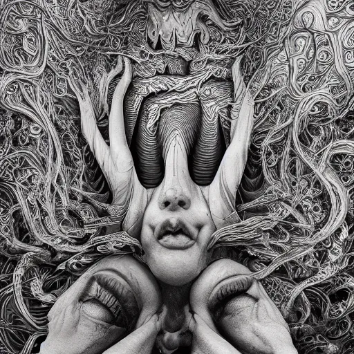 Image similar to many mouths, freak show, surrealism, fractalism, strange, hyperdetailed, photorealistic, interesting, benoit b. mandelbrot, m. c. escher, patrick woodroffe, ernst fuchs, zdzisław beksinski, id magazine, octane, cinematic, hyperrealism, 8 k, depth of field, bokeh