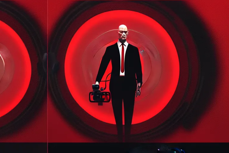 Image similar to an expressive portrait of agent 4 7 from hitman wearing headphones standing in front of a wall of vinyl records, speakers and cables, dark background, red rim light, digital art, artstation, concept art by giger stalenhag