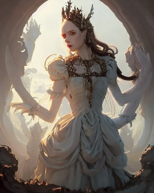 Image similar to portrait of a baroque princess dress from the fantasy world for the dragon queen atey gaylan, wonderful eyes, greg rutkowski, greg tocchini, james gillard, joe fenton, kete butcher, dynamic lighting, gradient light blue, brown, light cream and white colors, grunge aesthetics, detailed and complex environment