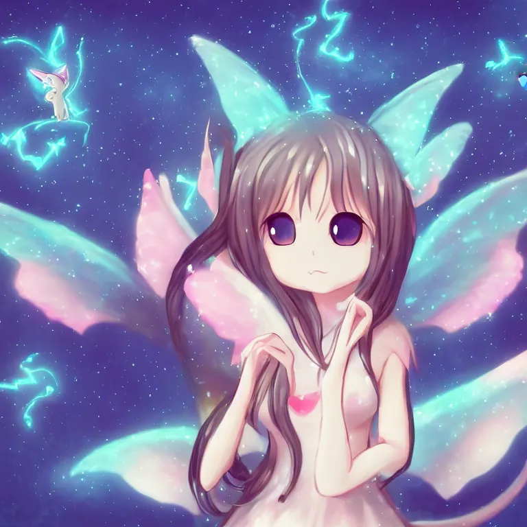 Image similar to cute, full body, female, anime style, a cat girl with fairy wings patting a small dragon, large eyes, beautiful lighting, sharp focus, simple background, creative, heart effects, filters applied, illustration