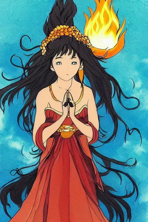 Image similar to beautiful goddess of fire stands in her power, in the style of studio ghibli