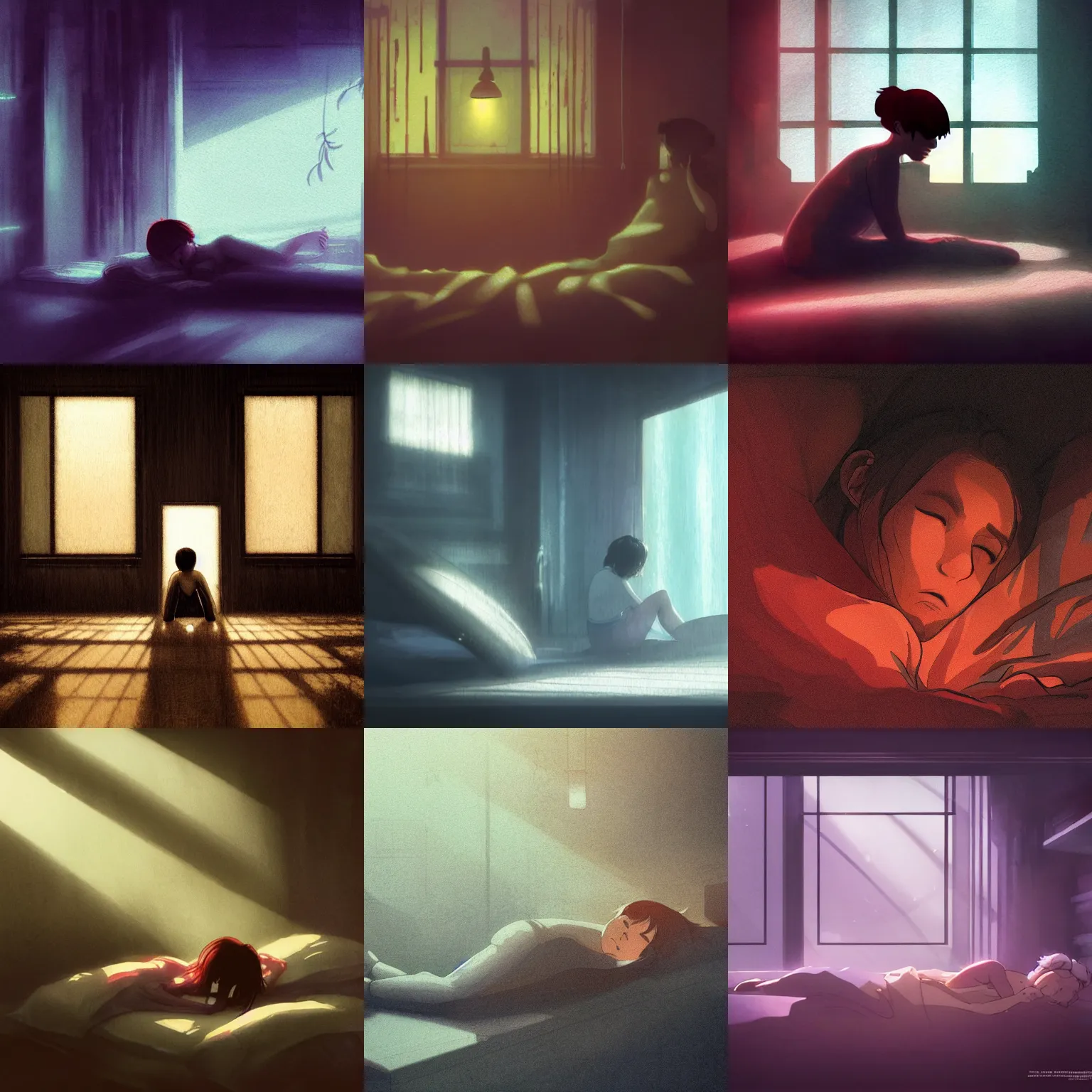 Prompt: character crying curled up in bed, dark room, light coming in through blinds, godrays, dust, ghost in the shell, blade runner, concept art, cinematic lighting, digital art, illustration, octane renderer, vibrant watercolor, wenjun lin, studio ghibli, pixiv, sunset lighting, reflections, refractions, high camera angle, wide shot, film grain