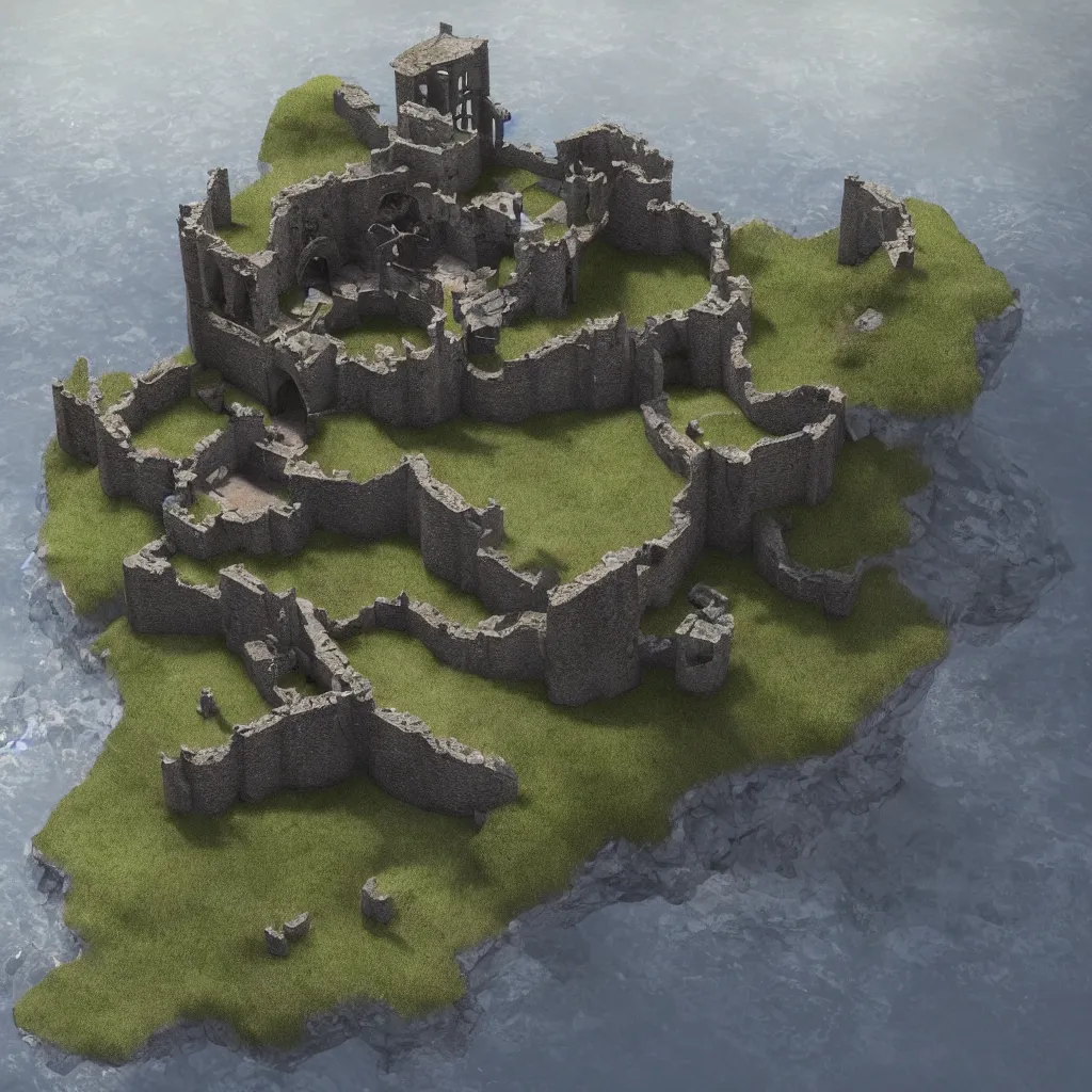 Image similar to ruined castle on a small island only reachable by a small land bridge, 8 k, ultra realistic cinematic, intricate, cinematic light, concept art, illustration, art station