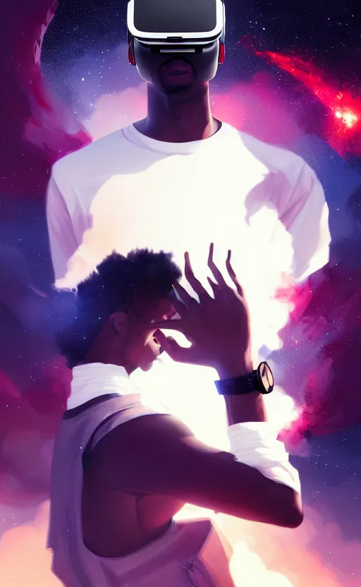 Image similar to handsome black genius hacking the metaverse, vr headset, white t - shirt and jordans, flying through spacetime, exploding nebulae, highly detailed, digital painting, artstation, concept art, smooth, sharp focus, illustration, art by wlop, mars ravelo and greg rutkowski