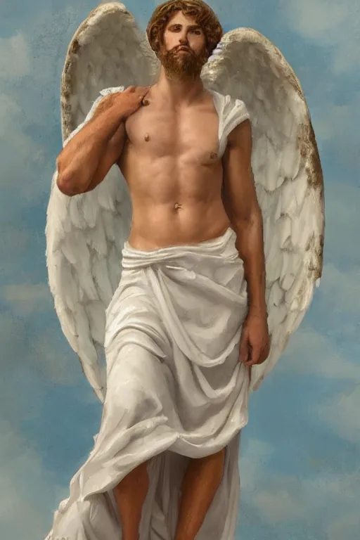 Prompt: sad. clothed male angel. SFW. wearing a toga. oil painting. Sharp focus. masterpiece. masterwork. Award winning. by Wayne Barlow.