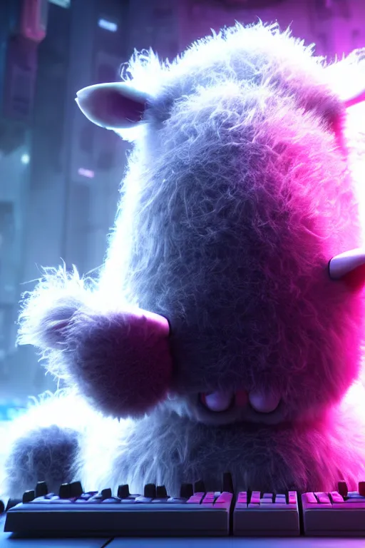 Image similar to high quality 3 d render very cute neuromancer fluffy! cyborg cow playing! keyboard!!, highly detailed, unreal engine cinematic smooth, in the style of blade runner & detective pikachu, hannah yata charlie immer, moody light, low angle, uhd 8 k, sharp focus