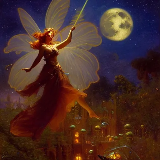 Image similar to attractive fairy magically floating high in the night, fantasy, full moon in background. highly detailed painting by gaston bussiere, craig mullins, j. c. leyendecker, mid shot, 8 k