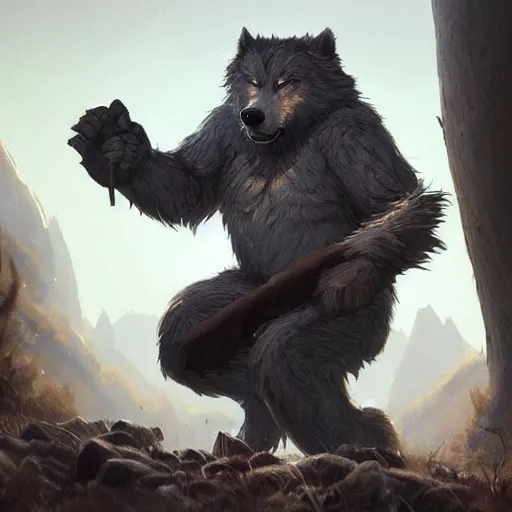 Image similar to cute handsome cuddly werewolf using a stone axe unreal engine hyperreallistic render 8k character concept art masterpiece digital art by Greg Rutkowski, Simon Stalenhag, trending on Artstation, CGSociety