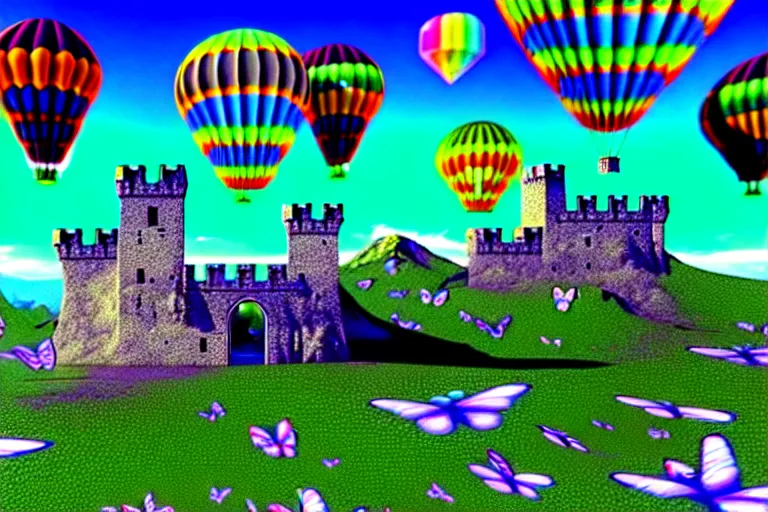 Prompt: 3 d render of cybernetic mountain landscape with castle ruins with angel wings and hot air balloons against a psychedelic surreal background with 3 d butterflies and 3 d flowers n the style of 1 9 9 0's cg graphics, lsd dream emulator psx, 3 d rendered y 2 k aesthetic by ichiro tanida, 3 do magazine, wide shot