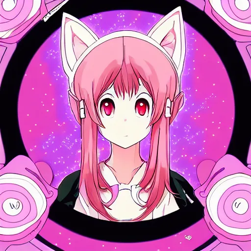 Image similar to digital card art of anime (cat) girl with cat ears surrounded by magic circles. Pink hue. Highly detailed. Beautiful