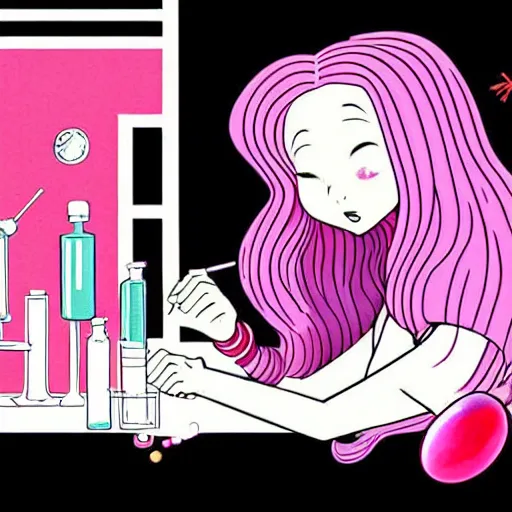 Image similar to realistic retro colored illustration of princess bubblegum by junji ito, with pink hair made of bubblegum, confident scientist performing experiments in her lab, dark retro pulp sci - fi