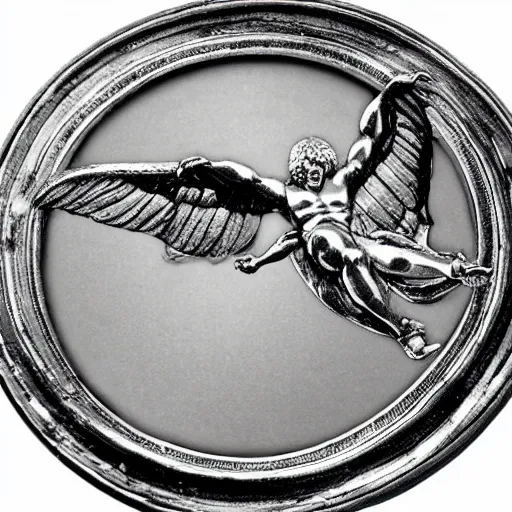 Prompt: a circular silver medallion of icarus in flight