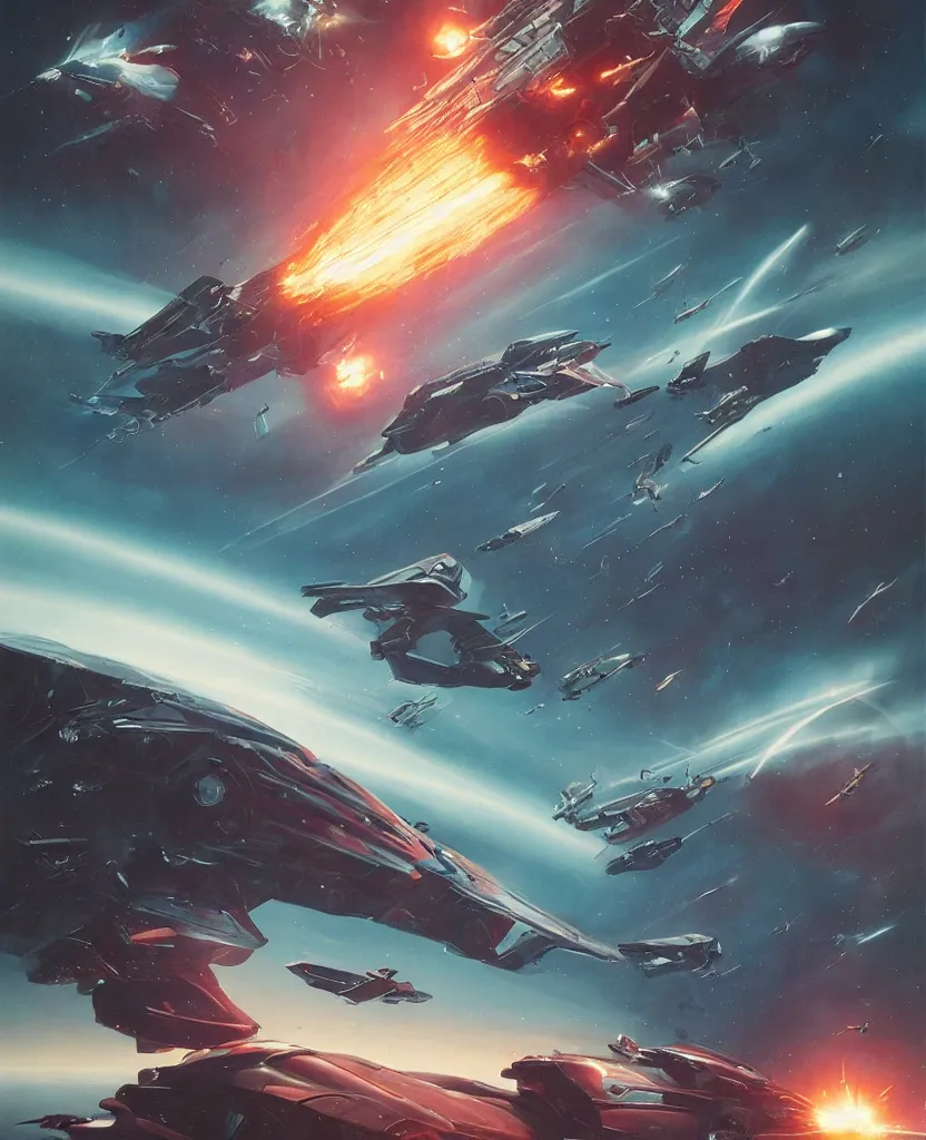 Image similar to retro futuristic sci - fi poster by moebius and greg rutkowski, epic spaceship battle, nebulae, stargezers