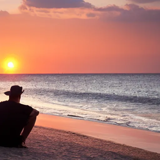 Image similar to a man sitting on the beach, drinking a bottle of bird-dog whiskey at sunset. High detail, 4k