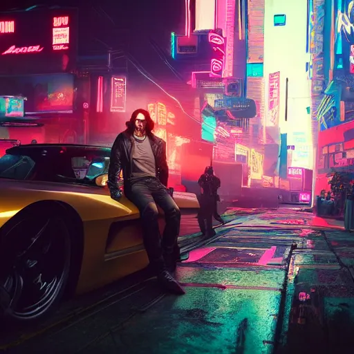 Image similar to Keanu Reeves on neon street in Cyberpunk 2077 Game, synthwave, artstation art, night, professional light