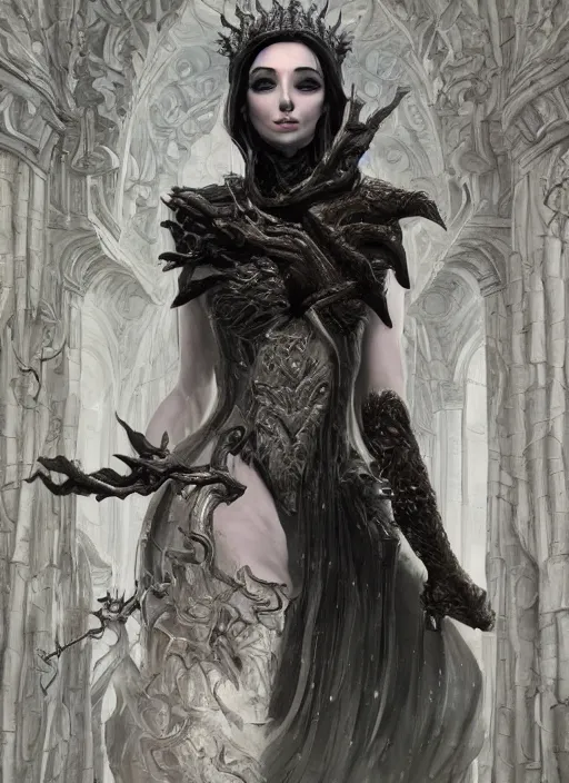 Image similar to a detailed full body portrait of frozen in stone black haired demon girl knelling in a highly detailed architecture, the queen of blades, diablo 4 queen, a beautiful face, by dorian cleavenger, greg rutkowski, wlop, astri lohne, zdzisław beksinski, bastien lecouffe - deharme trending on artstation