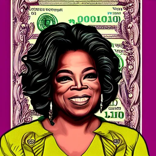 Image similar to an intricately detailed new dollar bill design featuring a portrait of Oprah Winfrey