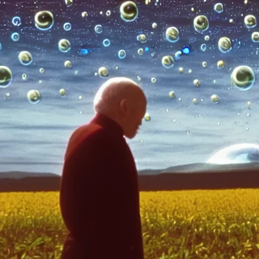 Image similar to an old man in a field looking at multiverse bubbles in the sky, scene from a star trek movie