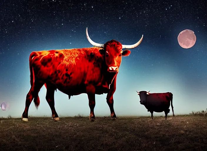 Prompt: photo dirty old homeless kissing red cow, moon, night sky,